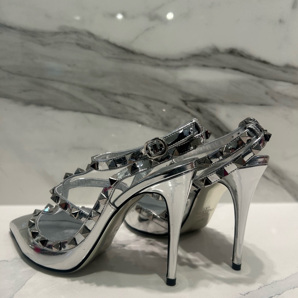Valentino Silver Metallic Rockstud Pointed Slingback Heels - Picture 3 of 8